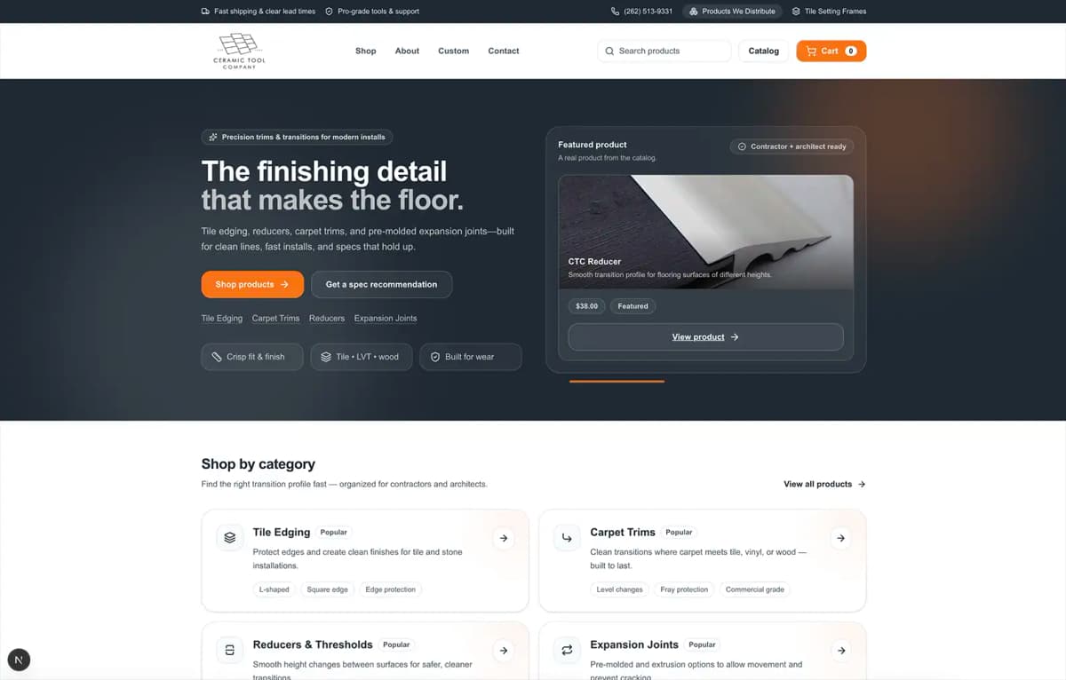 Ceramic Tool Company homepage layout