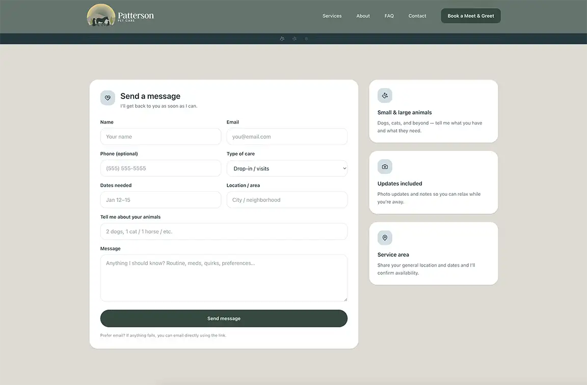 Patterson Pet Care contact page and form